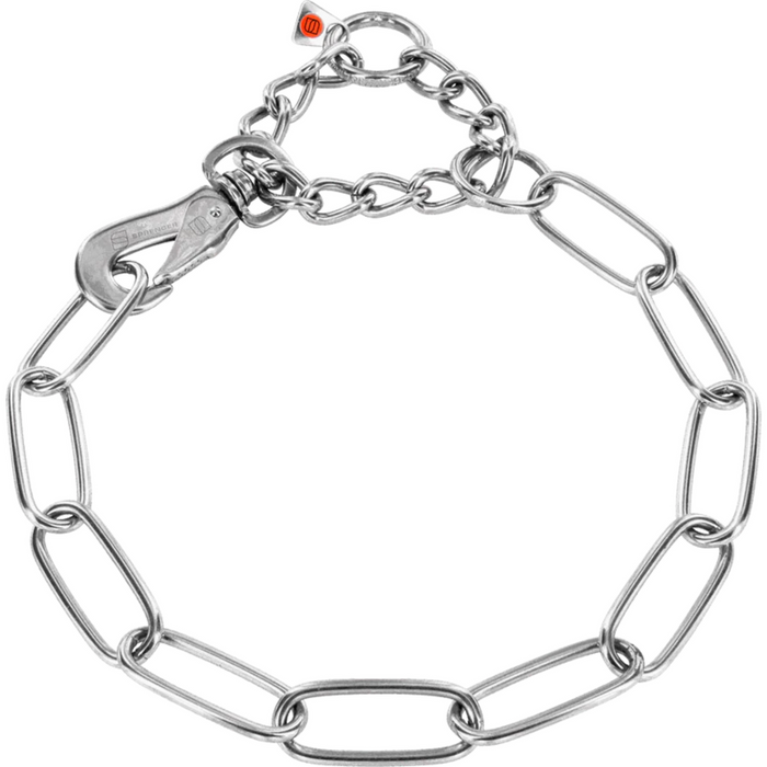 Stainless steel dog training collar with long chain links, swivel snap hook, and central control loop on a white background.