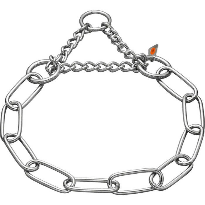 Stainless steel martingale dog collar with long chain links and central control loop, designed for training and control on larger dogs.