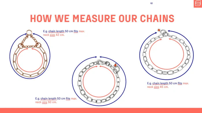 Infographic titled “How We Measure Our Chains” showing three different dog chain collar styles with circular diagrams, arrows indicating measurement around the neck, and examples of chain length to maximum neck size fit.