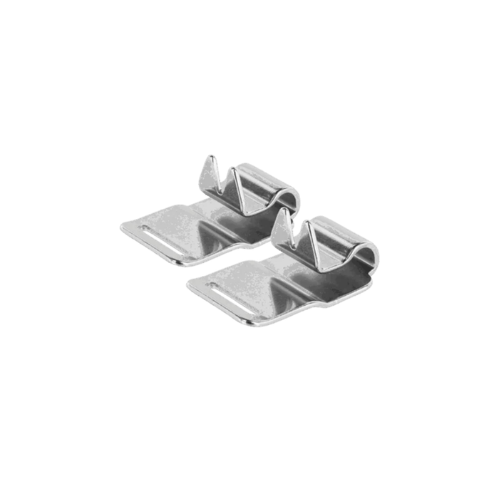 Pair of stainless steel connector links for a prong dog collar, featuring curved slots and angled prongs, displayed on a white background.