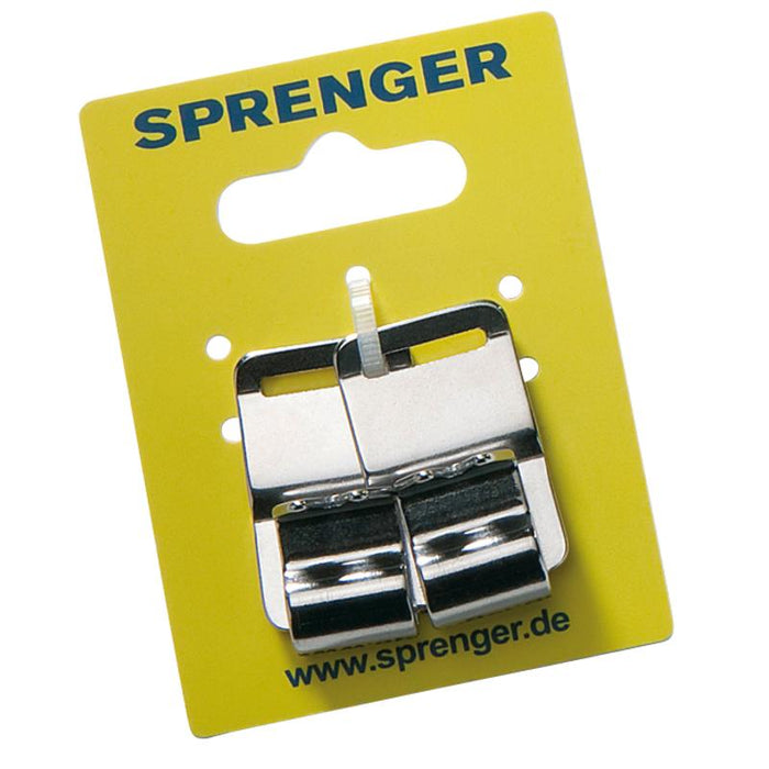 Stainless steel prong collar connector links mounted on a yellow Sprenger retail card with branding and website printed on the front.