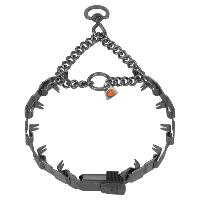 A matte black dog training collar with a metal prong design and a swivel ring.