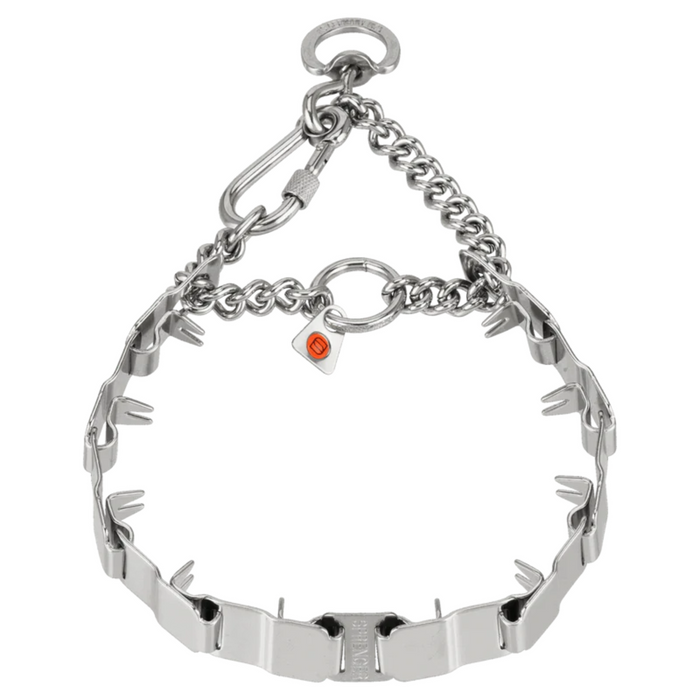 Silver metal prong dog collar with inward-facing links, chain connectors, and a swivel ring attachment, displayed on a plain white background.
