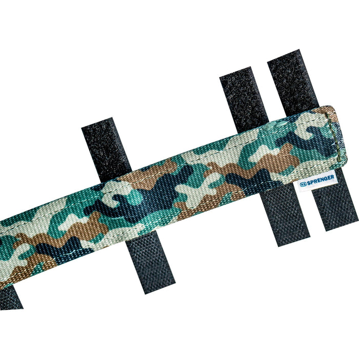 Camouflage-patterned collar cover with black hook-and-loop fastening straps, shown on a plain light background.