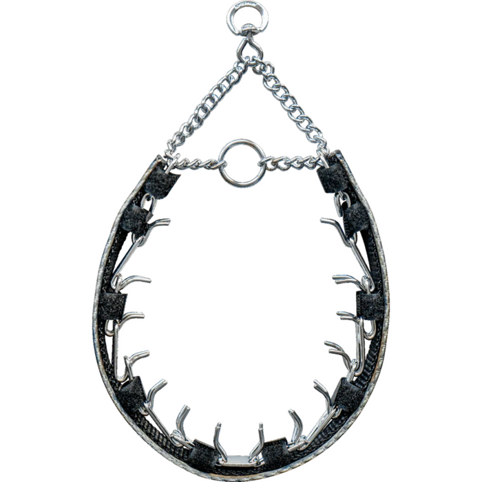 Metal prong dog collar with protective black cover, featuring inward-facing prongs and a chain attachment, shown on a plain light background.