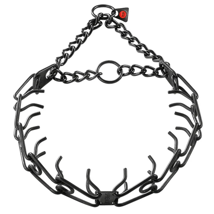 Black metal prong dog collar with chain links and central ring, displayed on a plain background.