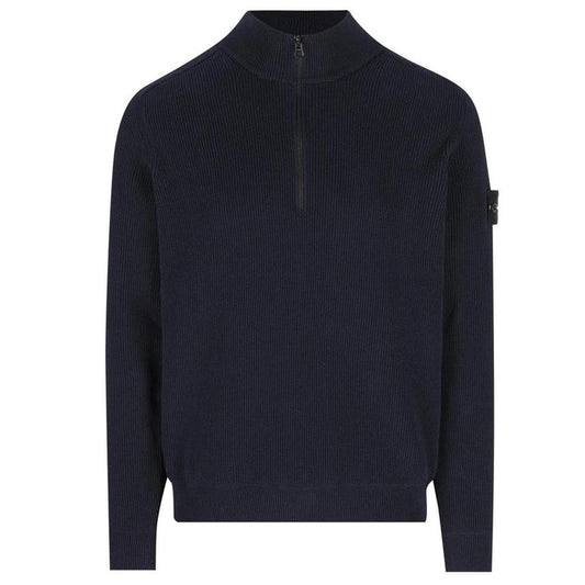 Stone Island SS26 Navy Blue Ribbed Organic Cotton Knit 1/4 Zip Jumper