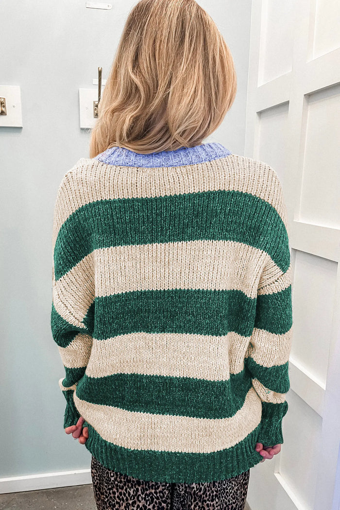 Striped Colorblock Drop Shoulder Pullover Sweater – Green Stripe