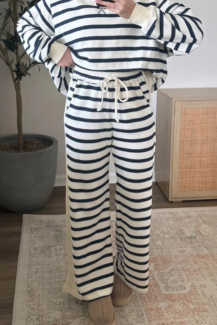Striped Ribbed Cuff Collar Pocket Loose Pant Set – Blue Stripe