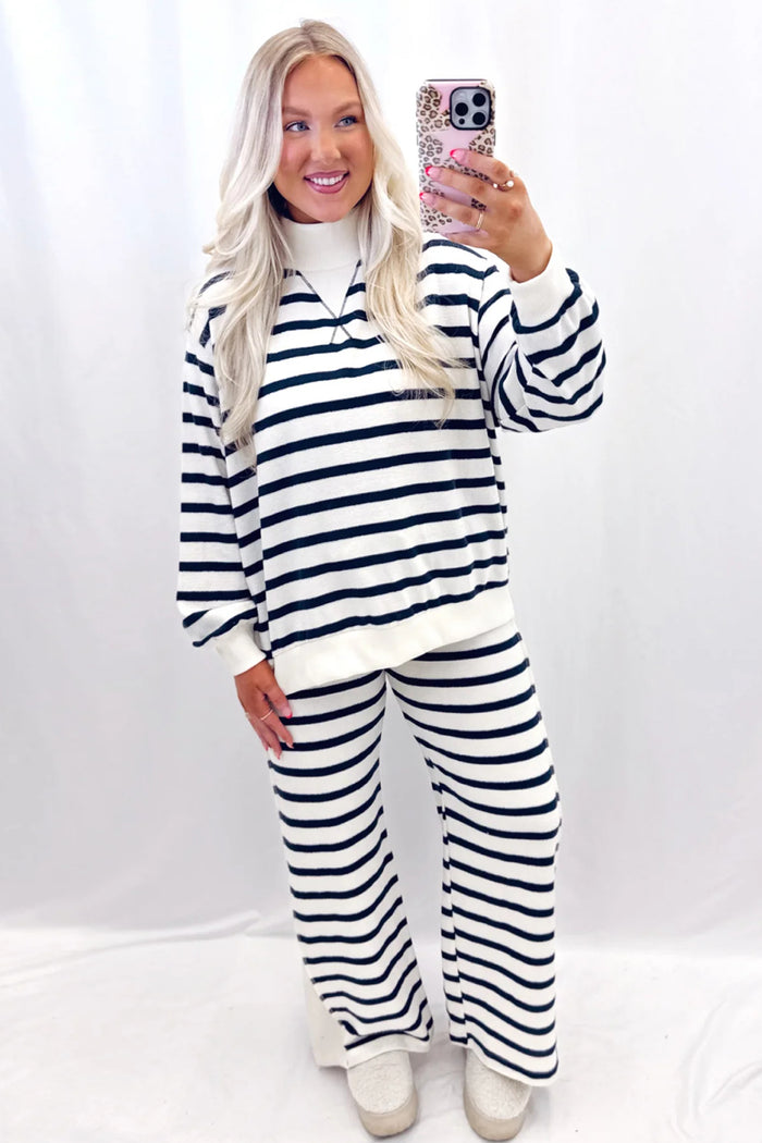 Striped Ribbed Cuff Collar Pocket Loose Pant Set – Blue Stripe