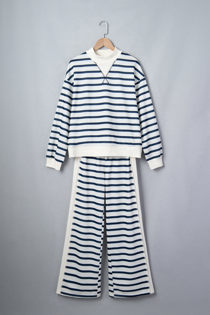 Striped Ribbed Cuff Collar Pocket Loose Pant Set – Blue Stripe