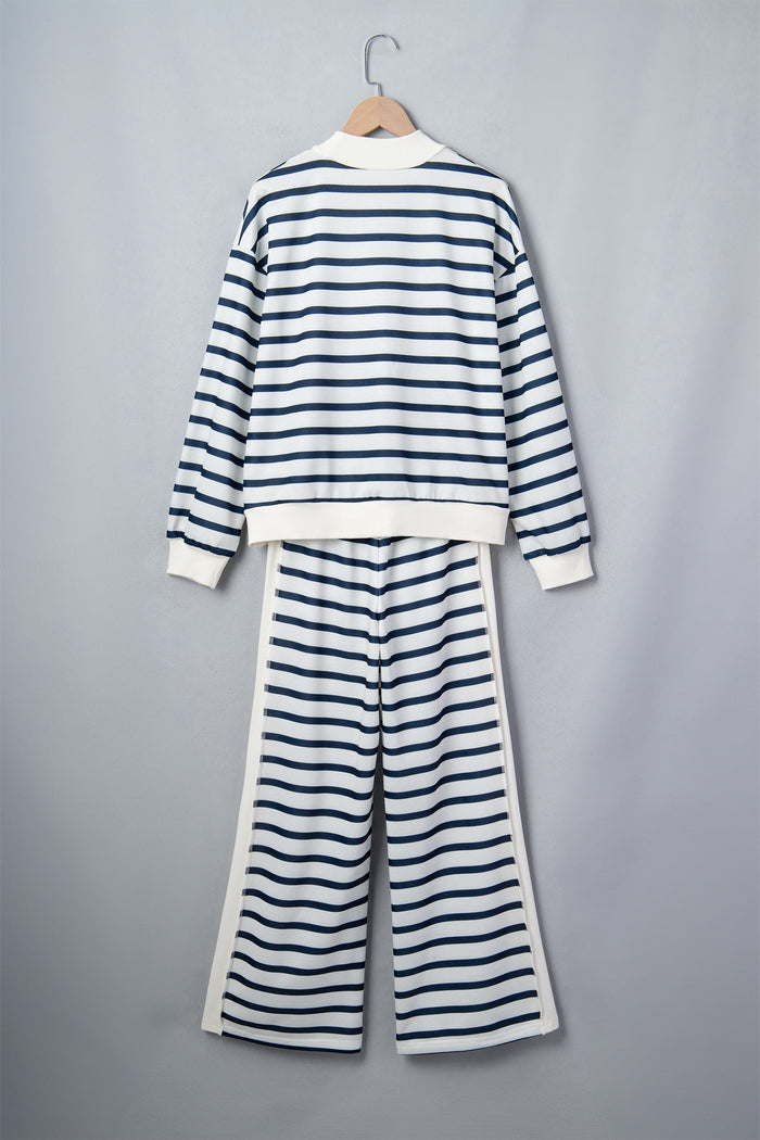 Striped Ribbed Cuff Collar Pocket Loose Pant Set – Blue Stripe