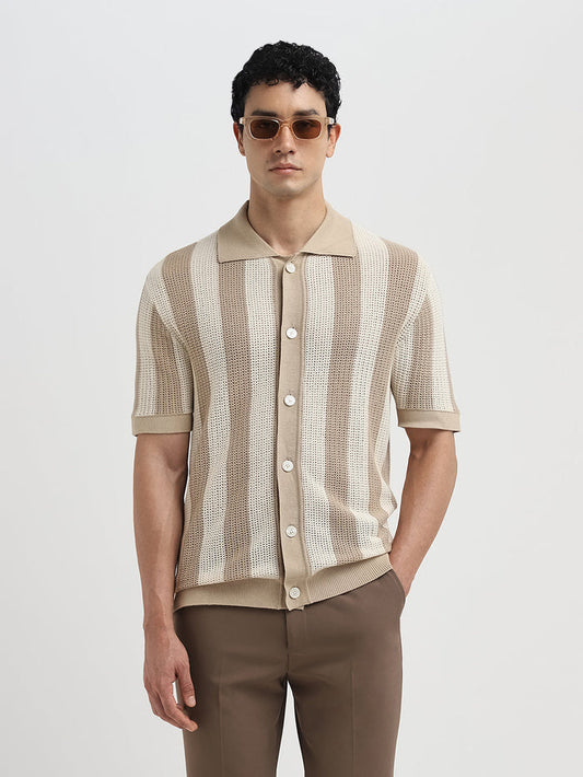 Structured Organic Cotton Polo Cardigan - Beige