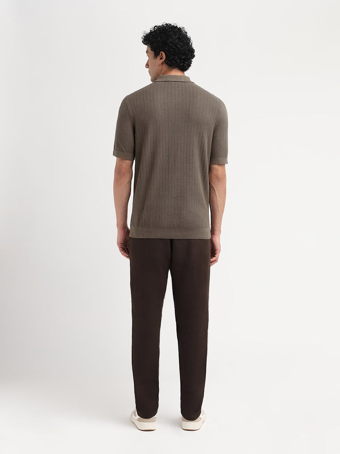 Structured Zip Up Polo - Dark Brown