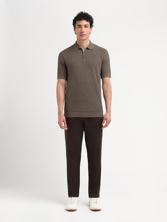 Structured Zip Up Polo - Dark Brown