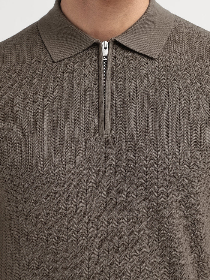 Structured Zip Up Polo - Dark Brown