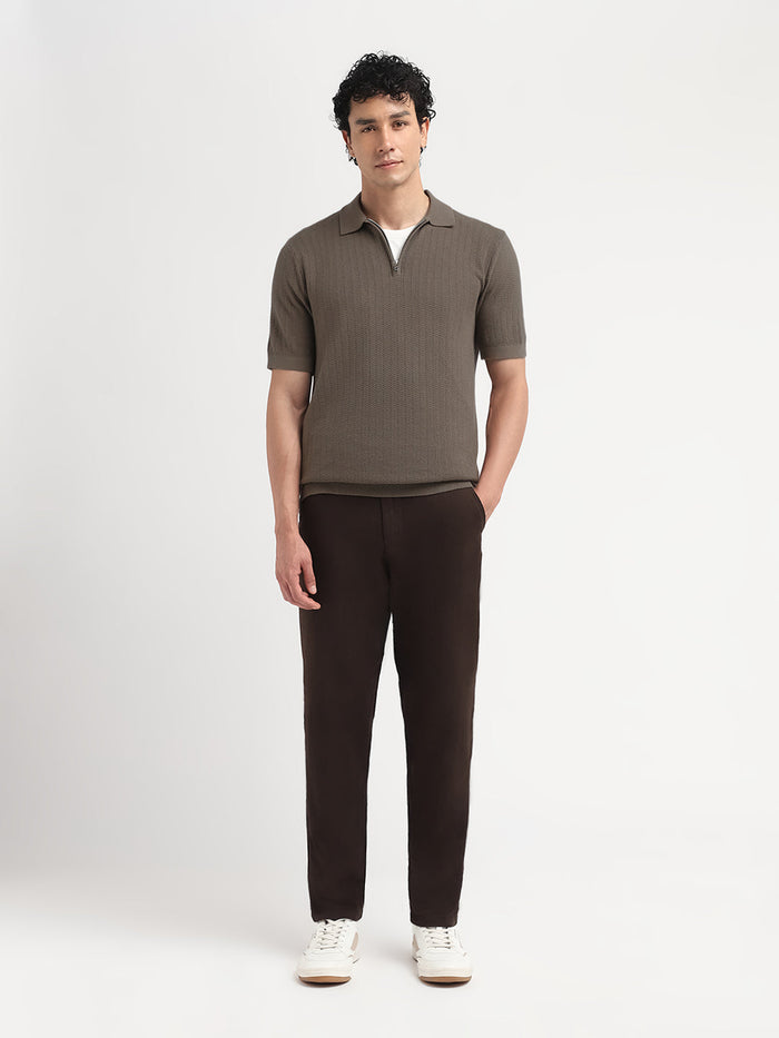 Structured Zip Up Polo - Dark Brown