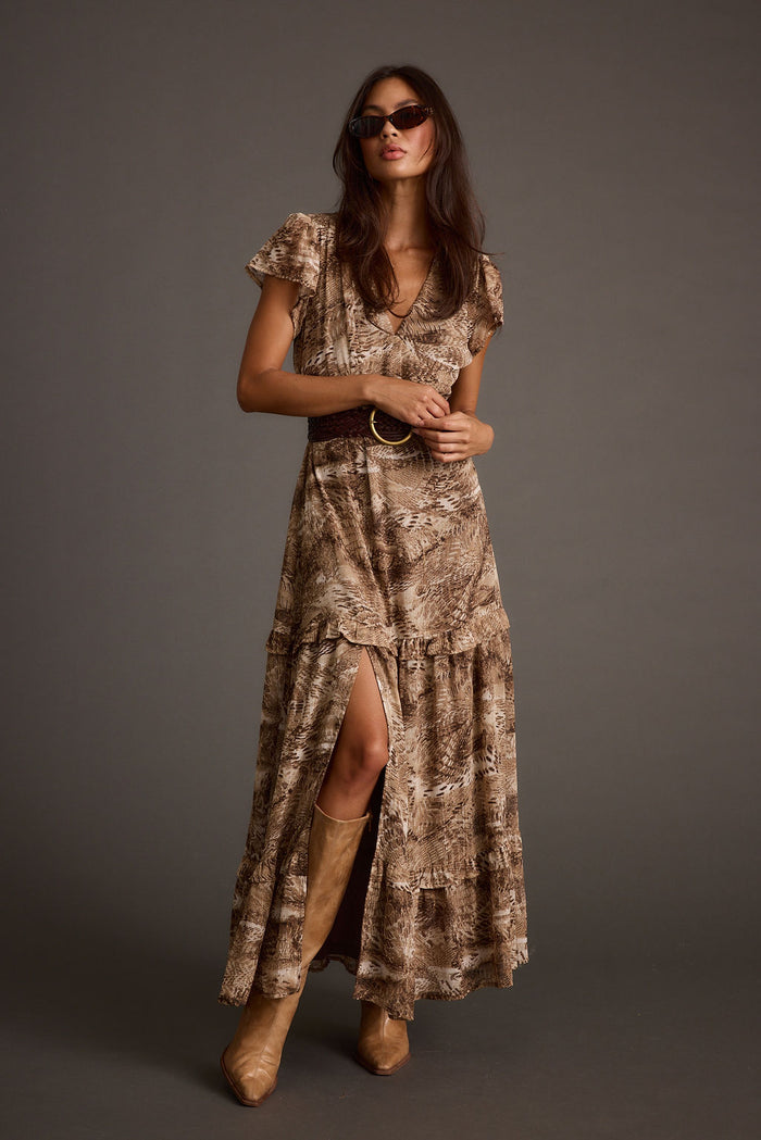 Mocha maxi dress with elegant accents, a vacation maxi dress essential.