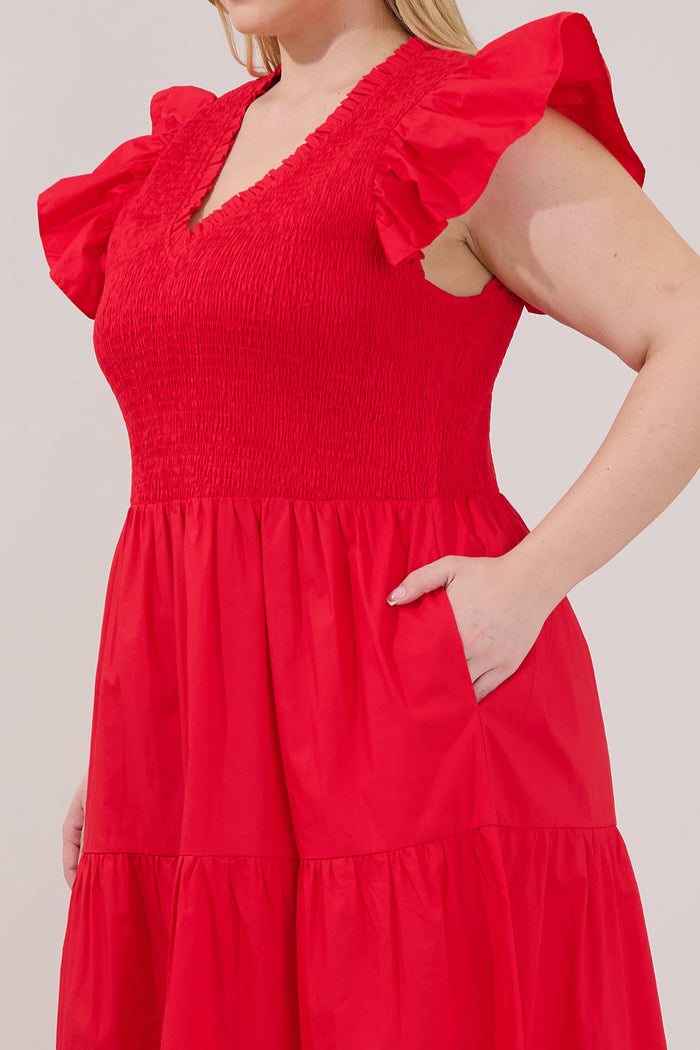 Sunfire Smocked Bodice Tiered Midi Dress Curve