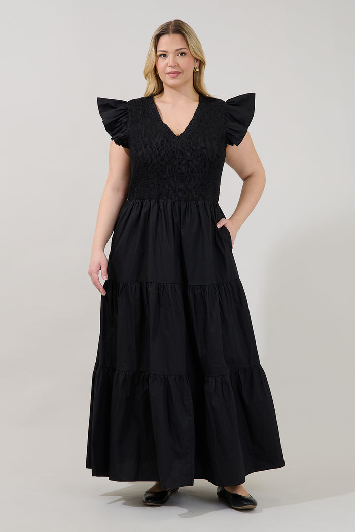 Sunfire Smocked Bodice Tiered Midi Dress Curve