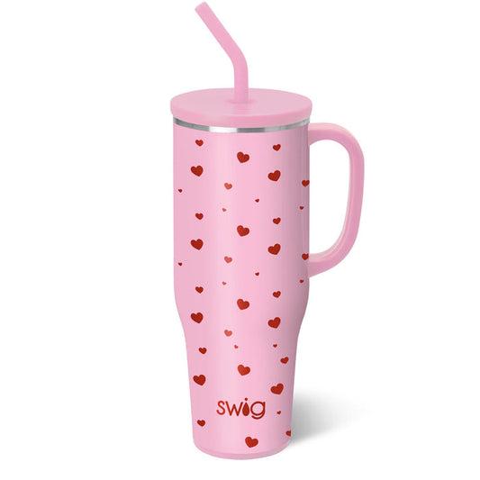 pink 40oz mug with metallic red hearts