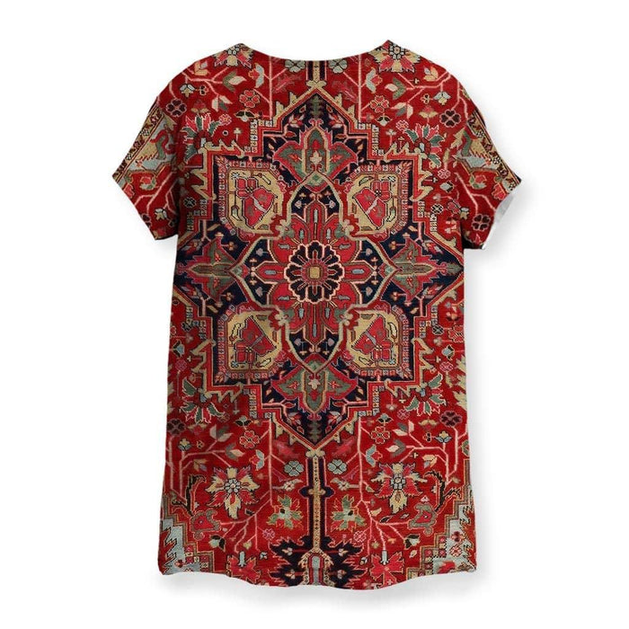 The Dudes Rug Women's Tee - The intricate central medallion set against the deep crimson base (#8A1C1C) with contrasting midnight navy (#1B1F3B) and antique sandstone beige (#C8AD7F) accents, instantly recognizable as the specific floor covering that "tied the room together" in 1998's most famous bowling noir.