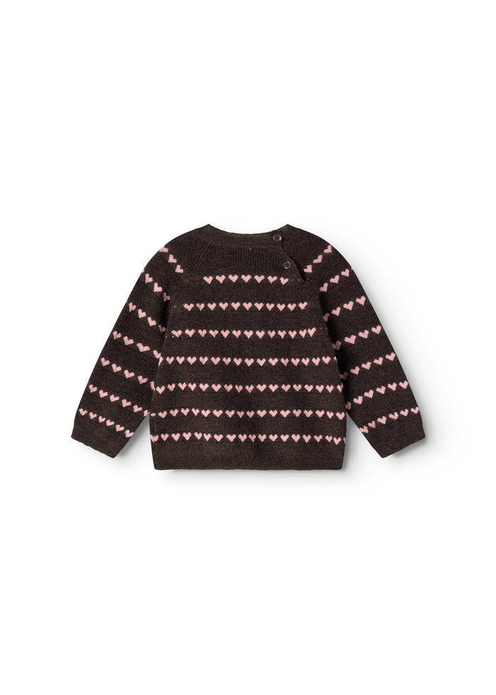 Sort striped blouse with pink heart pattern and button closure at the neck.