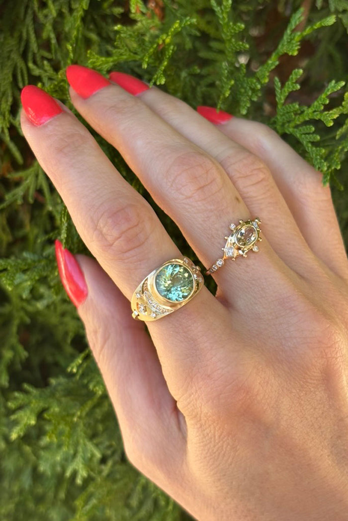 Tourmaline Plate Ring - Tourmaline White Diamonds 14k Yellow Gold