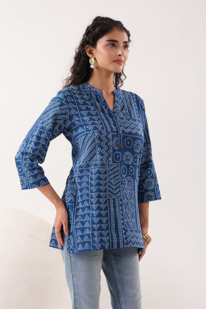 Tribal Echo Printed Blue Cotton Top