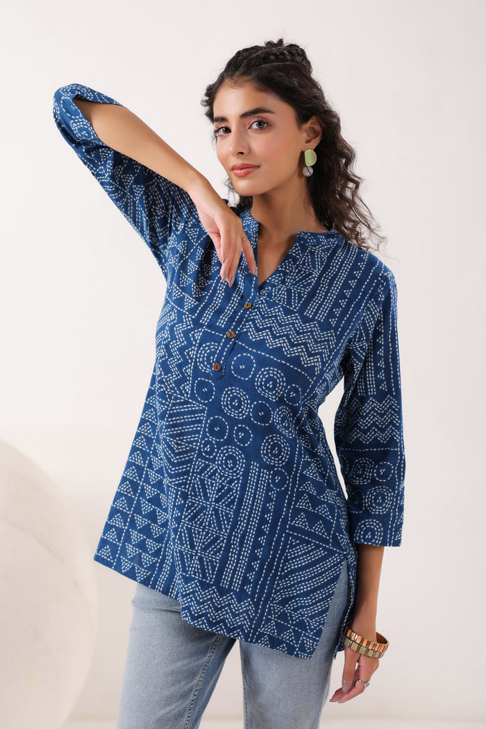 Tribal Echo Printed Blue Cotton Top