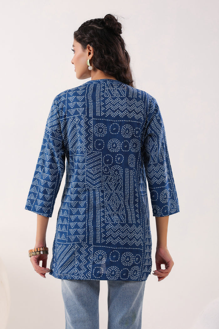 Tribal Echo Printed Blue Cotton Top