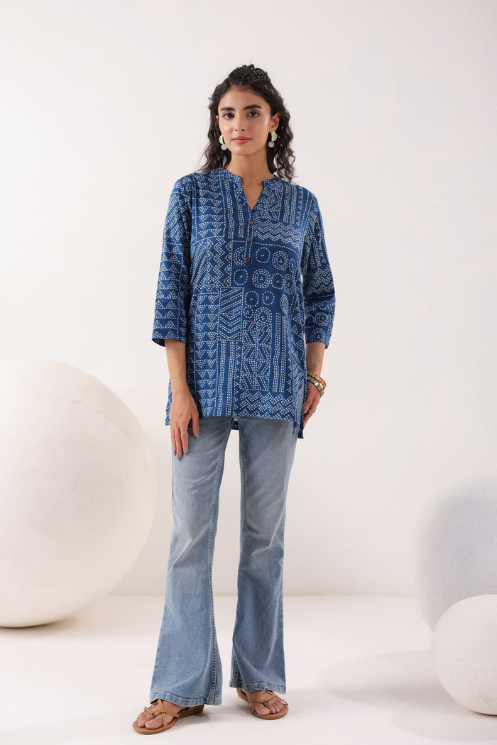 Tribal Echo Printed Blue Cotton Top