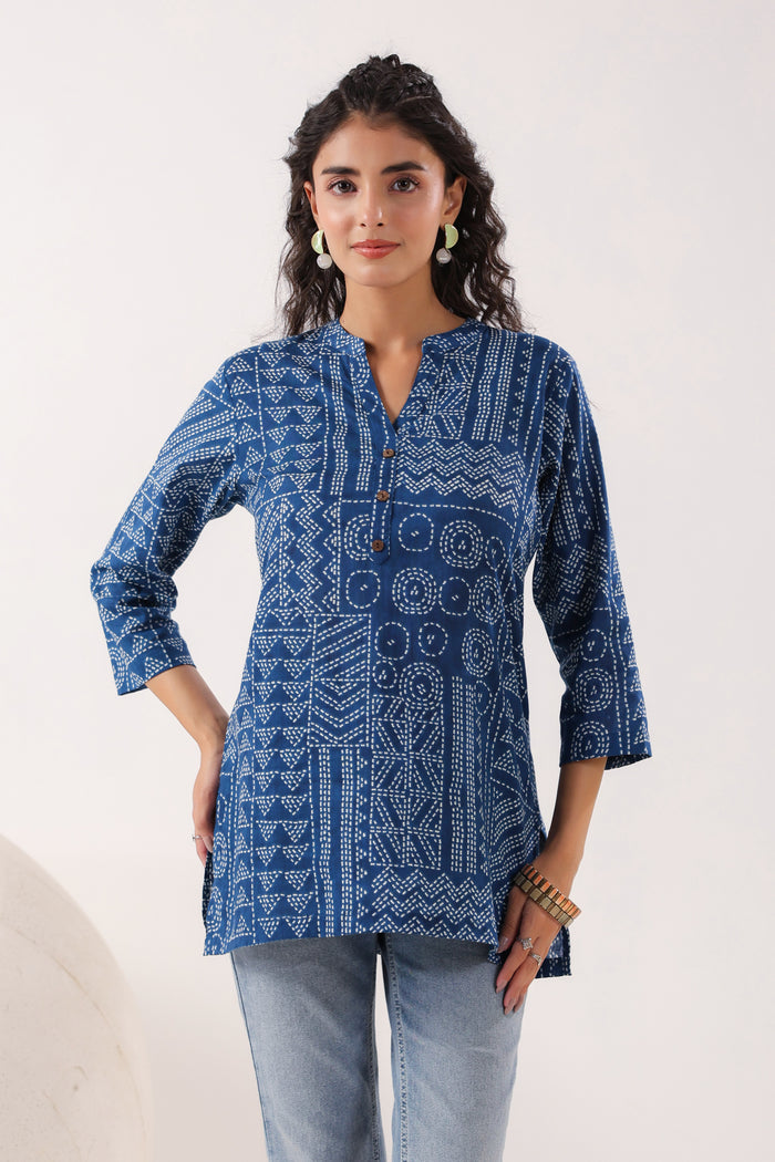 Tribal Echo Printed Blue Cotton Top