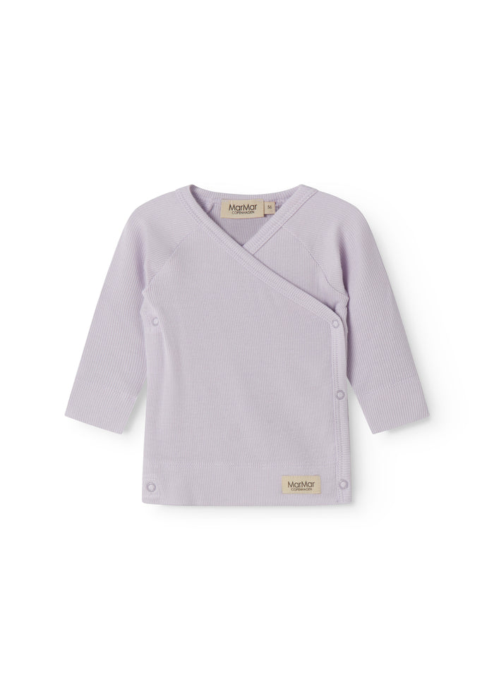 Lightly lined light purple shirt for newborns with a snap closure.