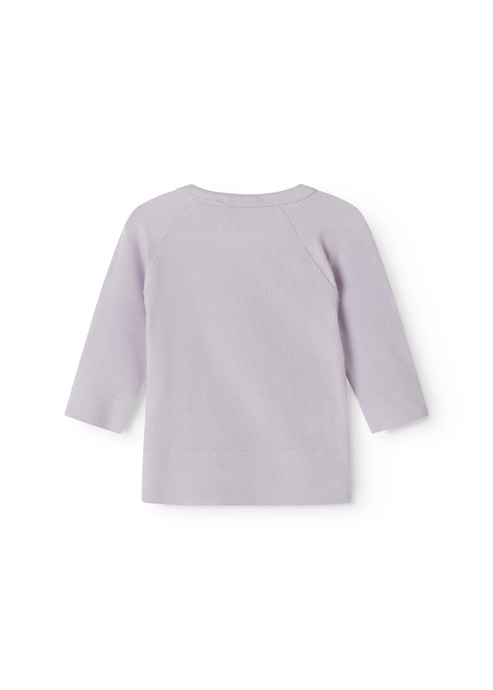 Lightly lined light purple shirt for newborns with a snap closure.