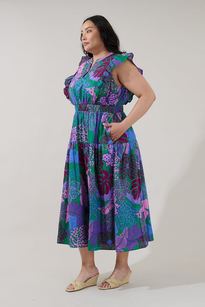 Virna Ruffle Midi Dress Tropical Curve