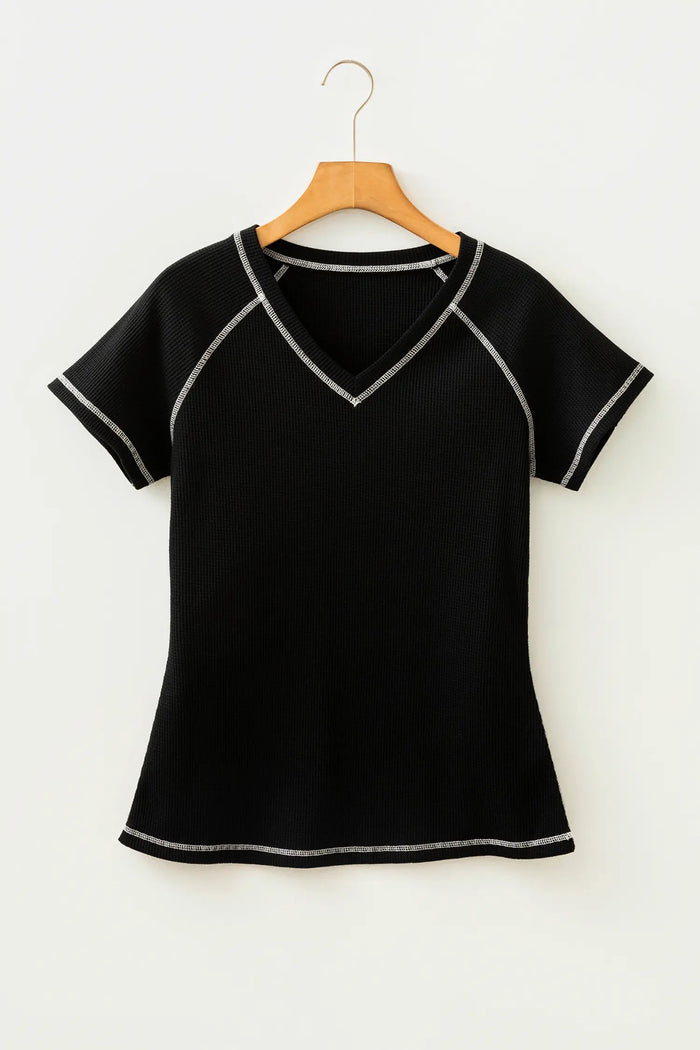 Waffle Textured Contrast Trim V Neck Tee – Black