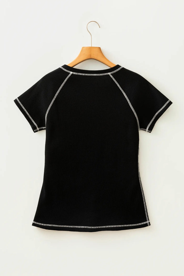 Waffle Textured Contrast Trim V Neck Tee – Black