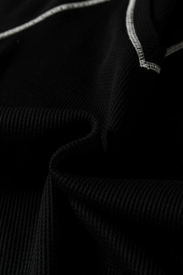 Waffle Textured Contrast Trim V Neck Tee – Black