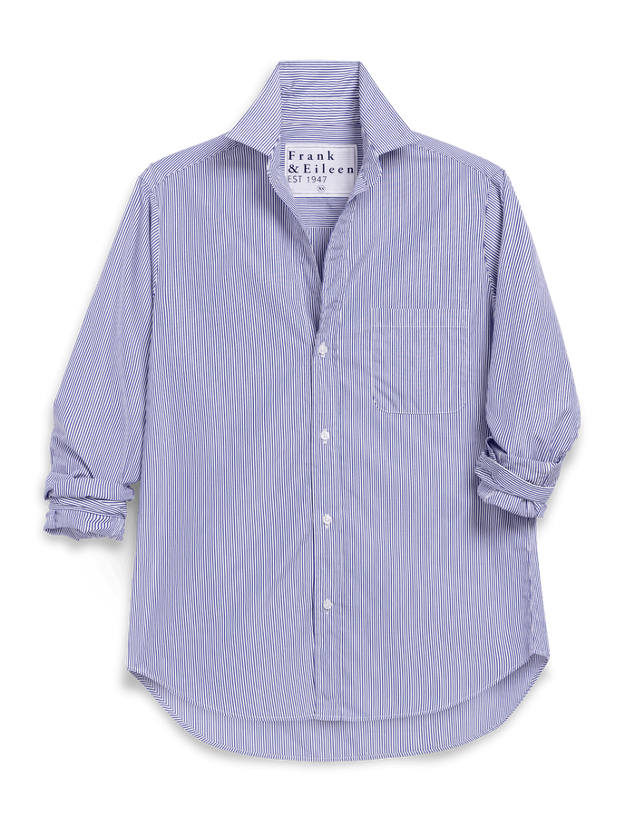 Blue striped shirt with rolled-up sleeves on a white background