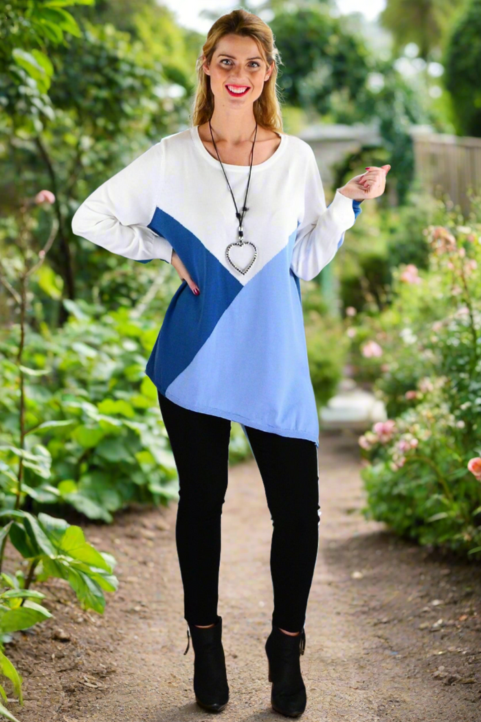 White and blue patchwork pattern jumper, stylish outerwear by I Love Tunics, featuring a cozy and trendy design.