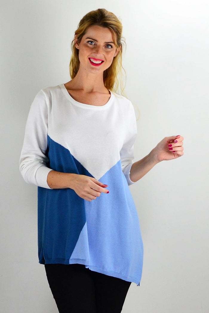 White and blue patchwork pattern jumper, stylish outerwear by I Love Tunics featuring a cozy, casual design.