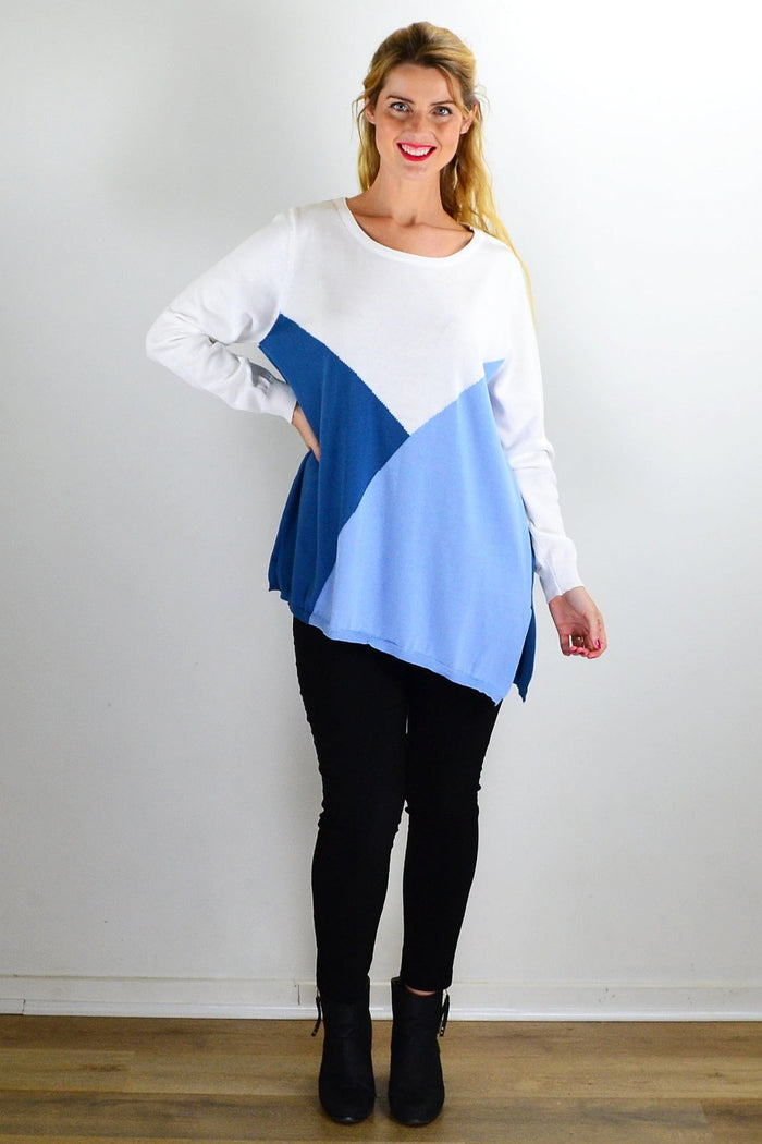 White and blue patchwork pattern jumper by I Love Tunics, stylish outerwear with a cozy, colorful knit design.