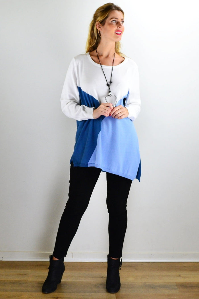 White and blue patchwork pattern jumper, I Love Tunics outerwear, showcasing a cozy, stylish knit with a mixed color design.