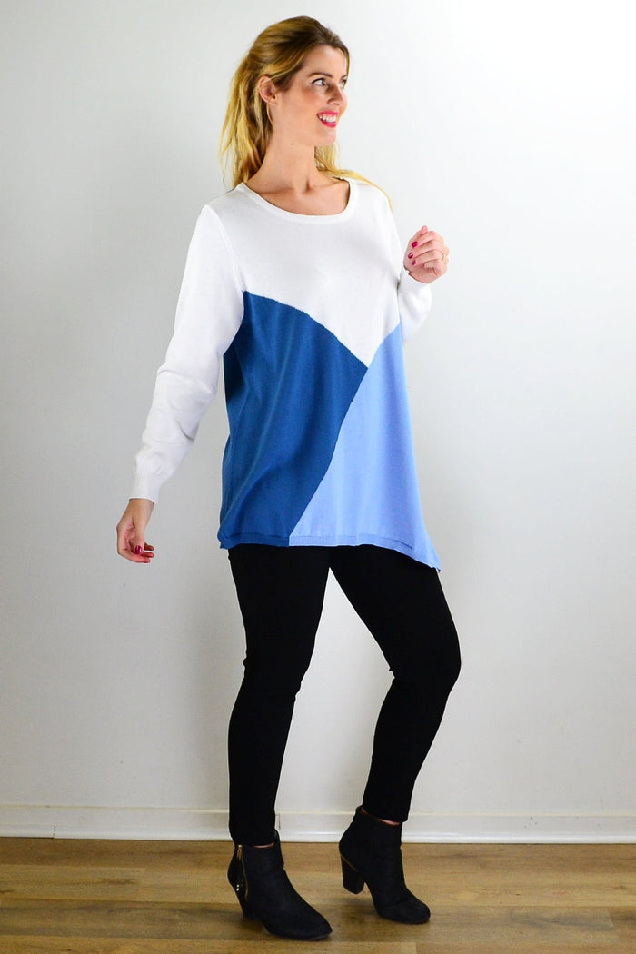 White and blue patchwork pattern jumper outerwear by I Love Tunics, featuring a cozy knit design and stylish patchwork details.