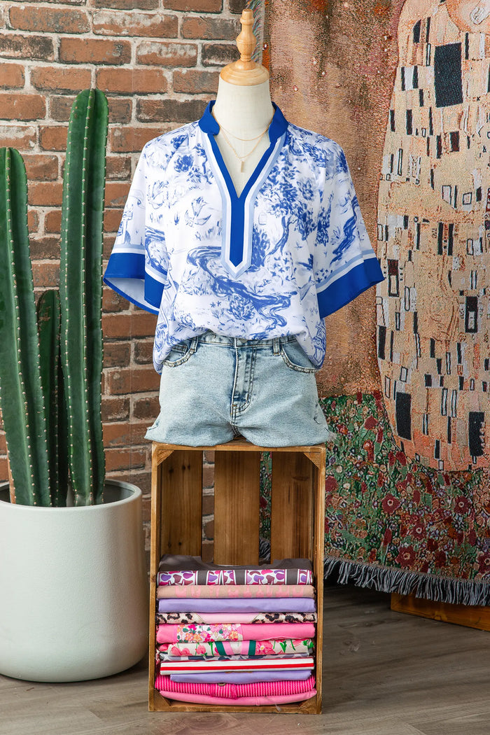 Wild Animal Paradise Contrast V Neck Raglan Sleeve Blouse – Blue