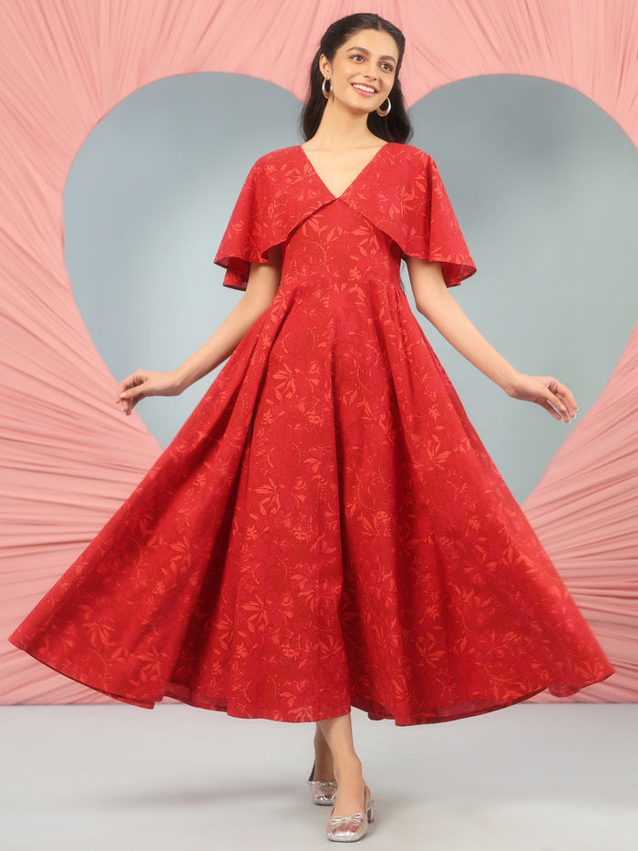 Women's Flared Printed Dress With Cape Sleeves
