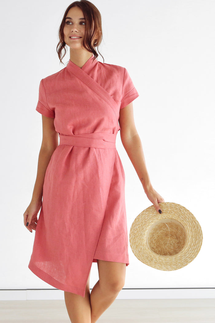 Women's Linen Wrap Dress ALOE in Peach