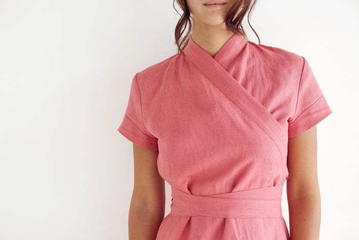 Women's Linen Wrap Dress ALOE in Peach