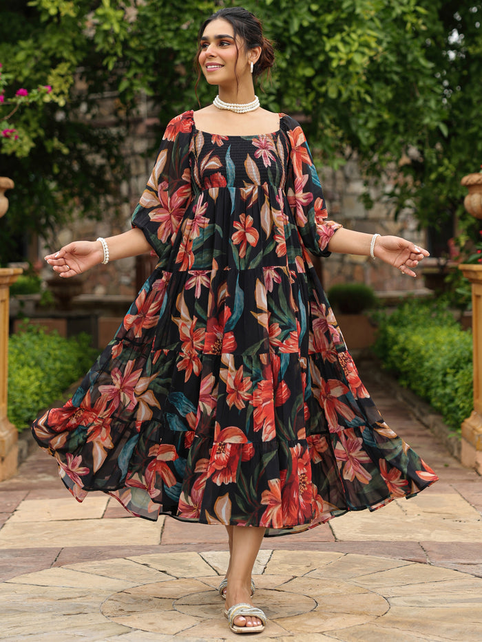 Women's Long Floral Dress With Balloon Sleeves